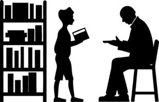 Silhouette of Teacher and Student Reading in Library Illustration vector