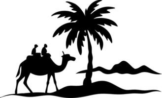 Silhouette of Travelers on Camel Near Oasis with Palm and Dunes Illustration vector
