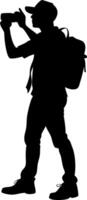 Silhouette of Traveler with Camera Capturing Adventure Moments for Design vector