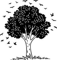Silhouette of Tree with Flying Birds for Nature Art and Design Applications vector