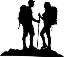 Silhouette of Two Hikers with Backpacks on Mountain Adventure vector