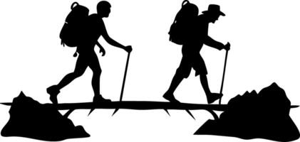 Silhouette of Two Hikers Walking on Mountain Trail with Backpacks and Hiking Sticks vector