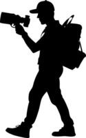 Silhouette of Videographer Walking with Camera and Backpack for Media Projects vector