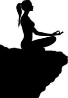 Silhouette of Woman Meditating in Lotus Pose on Cliff for Yoga Wellness Design vector