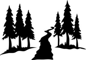 Silhouette Pine Forest with Winding River Illustration for Design and Art Projects vector