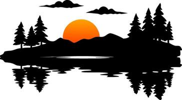 Silhouette Pine Forest Lake Sunset Reflection Scenic Nature Art vector
