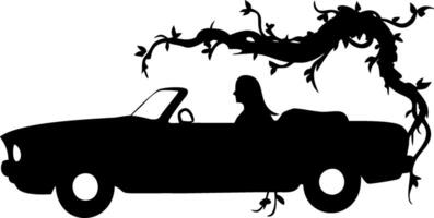 Silhouette Retro Convertible with Woman and Tree Vines for Art and Design vector