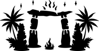 Silhouette Tropical Tiki Scene with Roasting Pig and Palm Trees Art vector