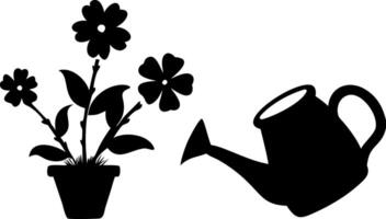 Silhouette of Potted Flower with Watering Can for Gardening and Decoration vector