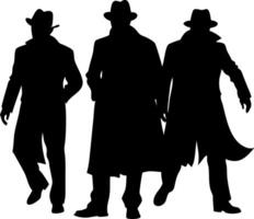 Silhouette Three Mysterious Men in Hats and Coats for Art and Design Projects vector