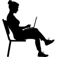 Silhouette Woman Working on Laptop in Seated Pose for Remote Work and Design Projects vector