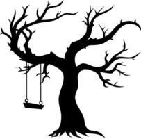 Spooky Bare Tree Silhouette with Empty Swing for Halloween Designs vector