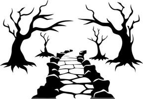 Spooky Forest Pathway with Bare Trees Creepy Halloween Illustration vector