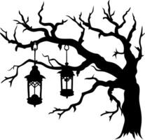 Spooky Tree Silhouette with Hanging Lanterns for Halloween Art and Decorations vector