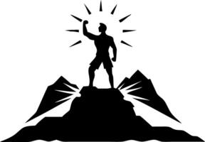 Strong Silhouette of Man Conquering Mountain Peak for Motivation and Achievement Concepts vector