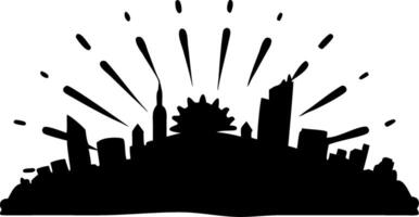 Sunrise over City Skyline Silhouette with Rays for Graphic Design and Print Use vector