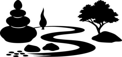 Tranquil Zen Garden Pathway Silhouette with Stones and Tree for Relaxation and Meditation Design vector