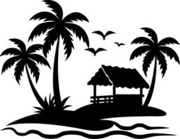 Tropical Beach Scene with Palm Trees and Hut Silhouette for Vacation Illustrations vector