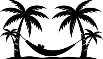 Tropical Beach Relaxation Silhouette with Palm Trees and Hammock Art vector