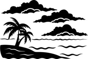 Tropical Island Silhouette with Palm Trees and Clouds for Beach Decor vector