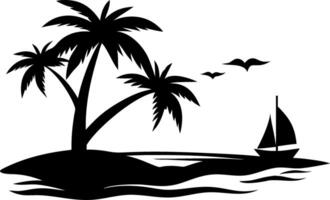 Tropical Island Silhouette with Palm Trees and Sailboat for Art and Design vector