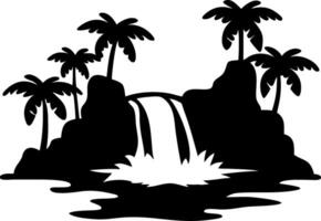 Tropical Island Silhouette with Palm Trees and Waterfall for Wall Art and Decoration vector