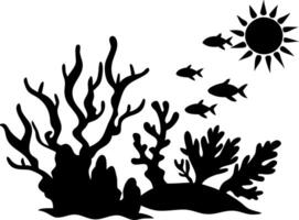 Underwater Coral Reef Silhouette with Fish and Sun for Art and Design Projects vector