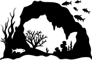 Underwater Ocean Cave Silhouette with Fish and Coral for Creative Design vector