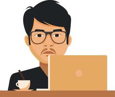 Illustration Man Working on Laptop at Desk with Coffee Cup for Web or Print Design vector