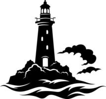 Silhouette Lighthouse on Rocky Coastline with Ocean Waves and Clouds vector