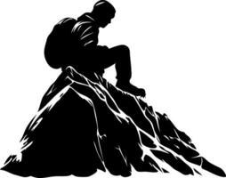 Silhouette of Hiker Resting on Mountain Peak for Adventure Themes vector