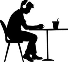 Silhouette of Person with Headphones Reading at Cafe Table vector
