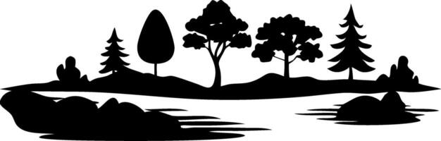 Silhouette of Scenic Forest Landscape with Lake and Trees for Nature Art vector