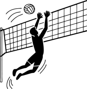 Silhouette Volleyball Player Jumping to Block Ball Over Net vector