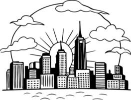Skyline Illustration with Sun and Clouds for Urban Design and Decoration vector