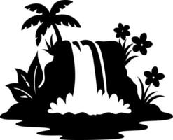 Silhouette Tropical Island Waterfall with Palm Trees and Flowers Design vector