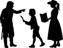 Vintage Silhouette Family Scene with Quill and Book for Historical Art and Educational Use vector
