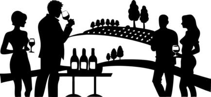 Wine Tasting Silhouette in Vineyard Landscape Art for Events and Design vector