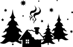 Winter Forest Scene with Cabin and Pine Trees for Holiday Design and Art Projects vector