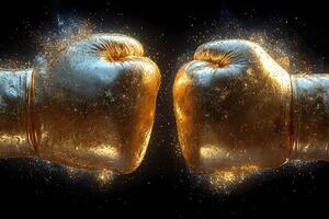 Golden Boxing Gloves Clash with Explosive Energy Sports Power and Momentum Concept photo