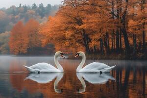 Serene Autumn Scene Swans on Misty Lake Surrounded by Vibrant Fall Foliage photo
