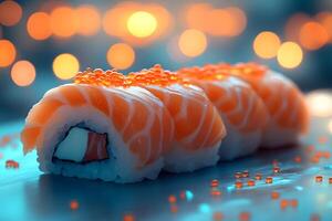 Gourmet Sushi Roll with Salmon and Roe in Elegant Setting photo
