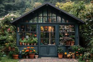 Charming Rustic Garden Greenhouse with Vibrant Blossoms and Lush Foliage for Botanical Inspiration photo