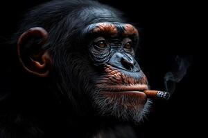 Thoughtful Chimpanzee Portrait with Cigar in Dramatic Lighting photo