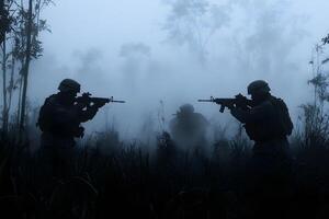 Military Training at Dawn in Misty Jungle Environment for Tactical Strategy photo