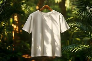 Eco-Friendly Fashion White T-Shirt Displayed in Lush Green Forest Setting photo