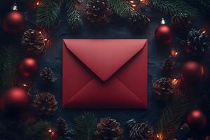 Festive Christmas Scene with Red Envelope and Pine Decorations for Holiday Cards photo