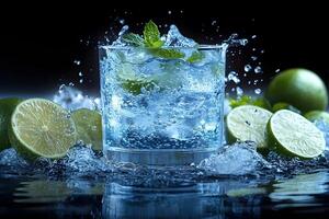 Refreshing Summer Beverage with Lime and Mint Splashing in Glass for Drink Design photo