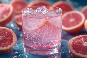 Refreshing Pink Grapefruit Sparkling Water with Ice Beverage Photography for Summer photo