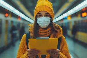 Young Woman in Subway Wearing Mask and Reading Document for Safe Travel Concept photo